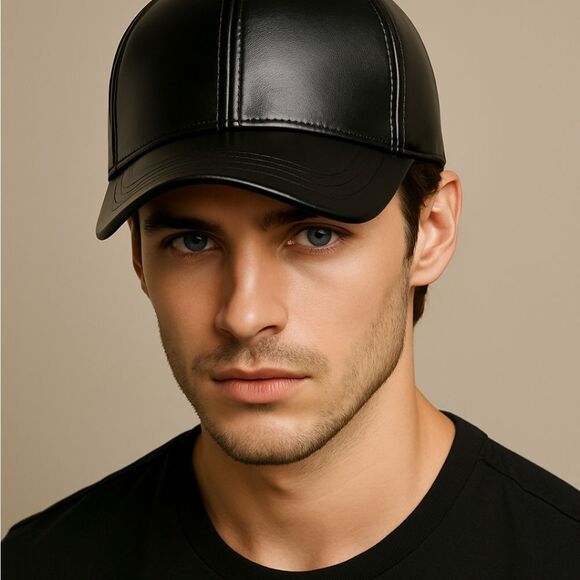 SALE Black Vegan Leather Baseball Cap Hat - Picture 4 of 10
